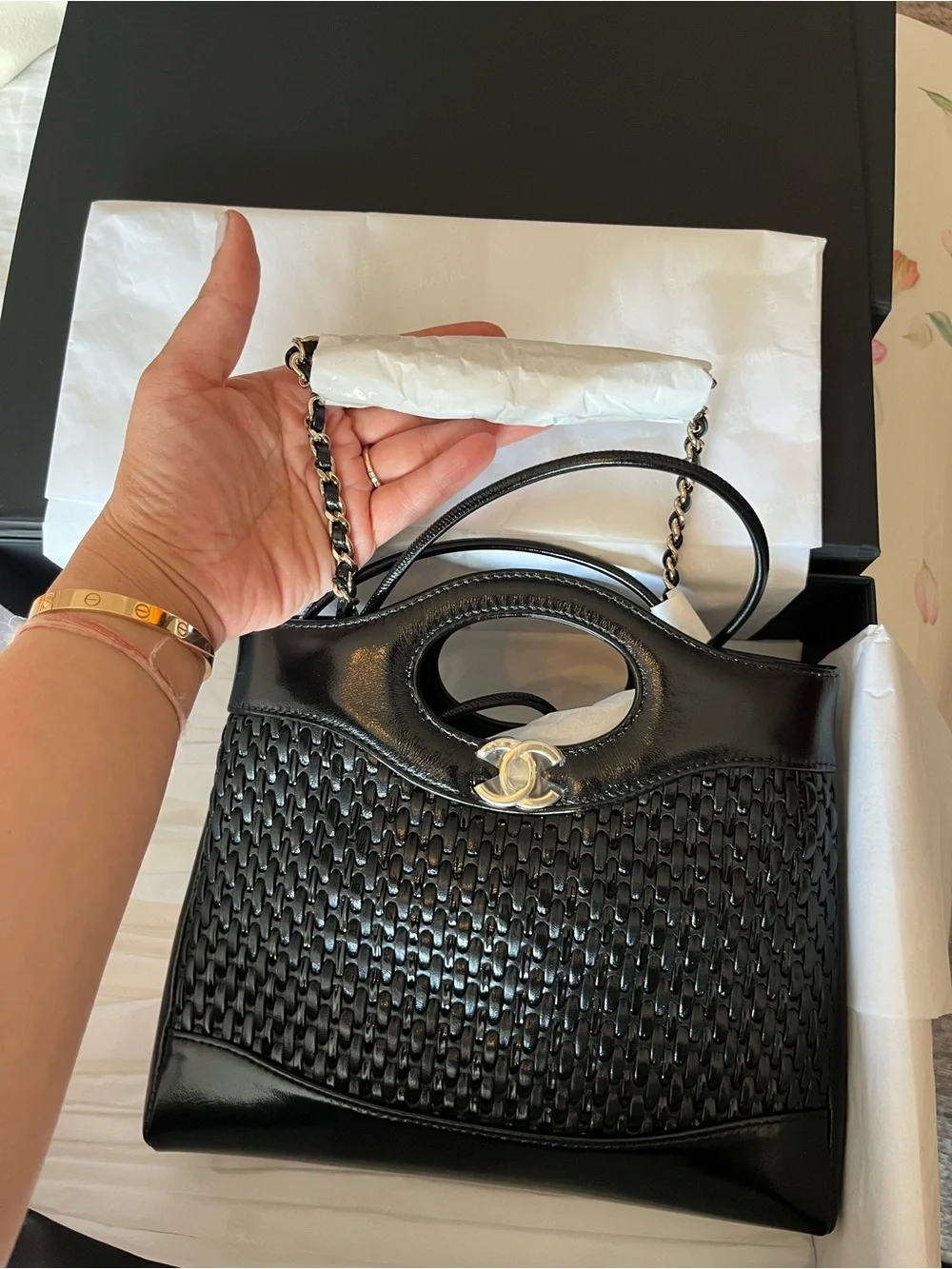 CHANEL Black Woven Leather Crossbody Tote